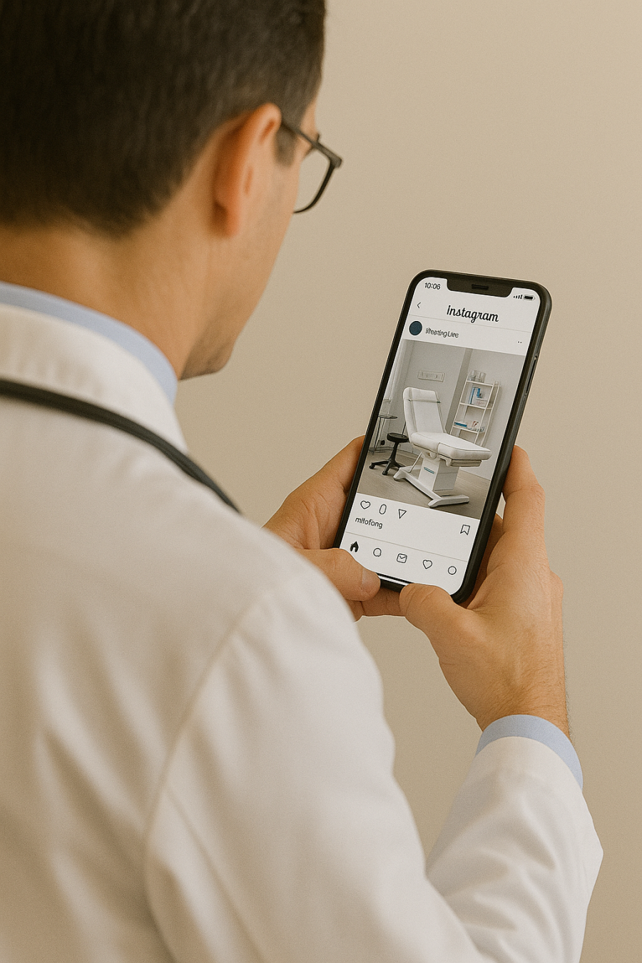 Doctor usando instagram en su telefono